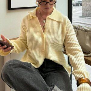 Yellow Casual Women's Sleeve Knit Cardigan with Lapel Button